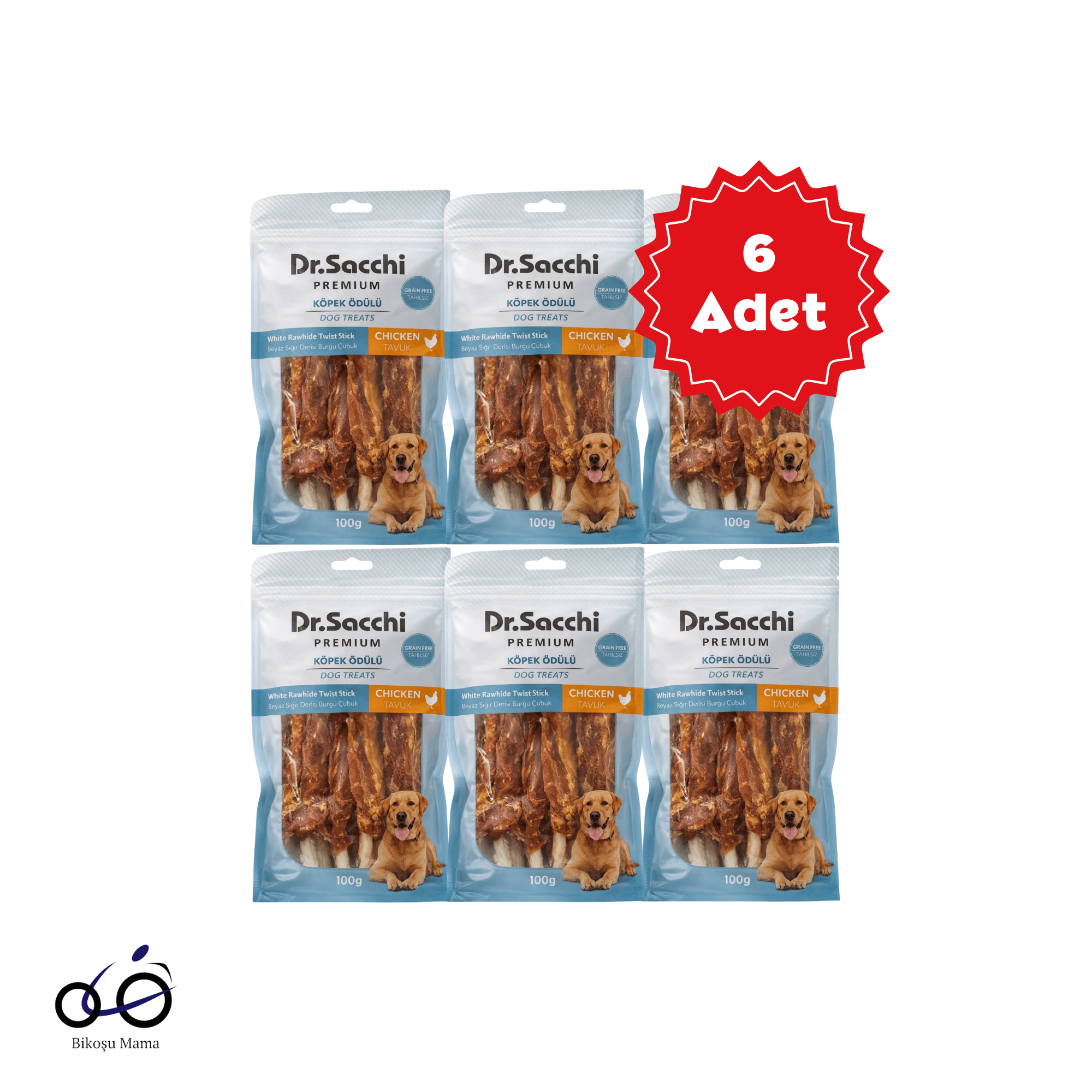  Dr.Sacchi Premium Tavuklu Beyaz Sığır Derisi Burgu Çubuk Tahılsız Köpek Ödülü 5'' 5'li 100gr 6 Adet