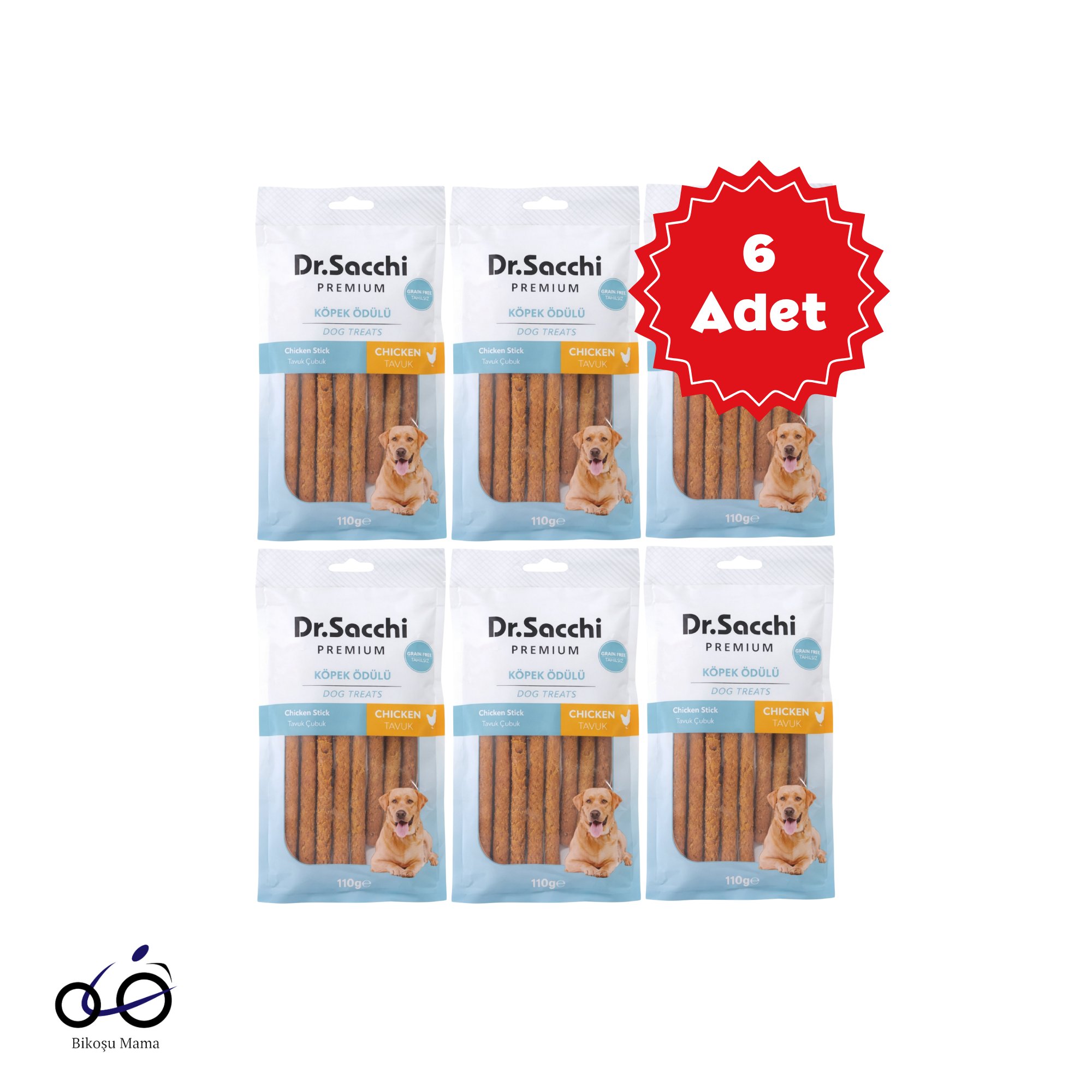  Dr.Sacchi Premium Tavuklu Çubuk Tahılsız Köpek Ödülü 5'' 10'lu 110gr 6 Adet