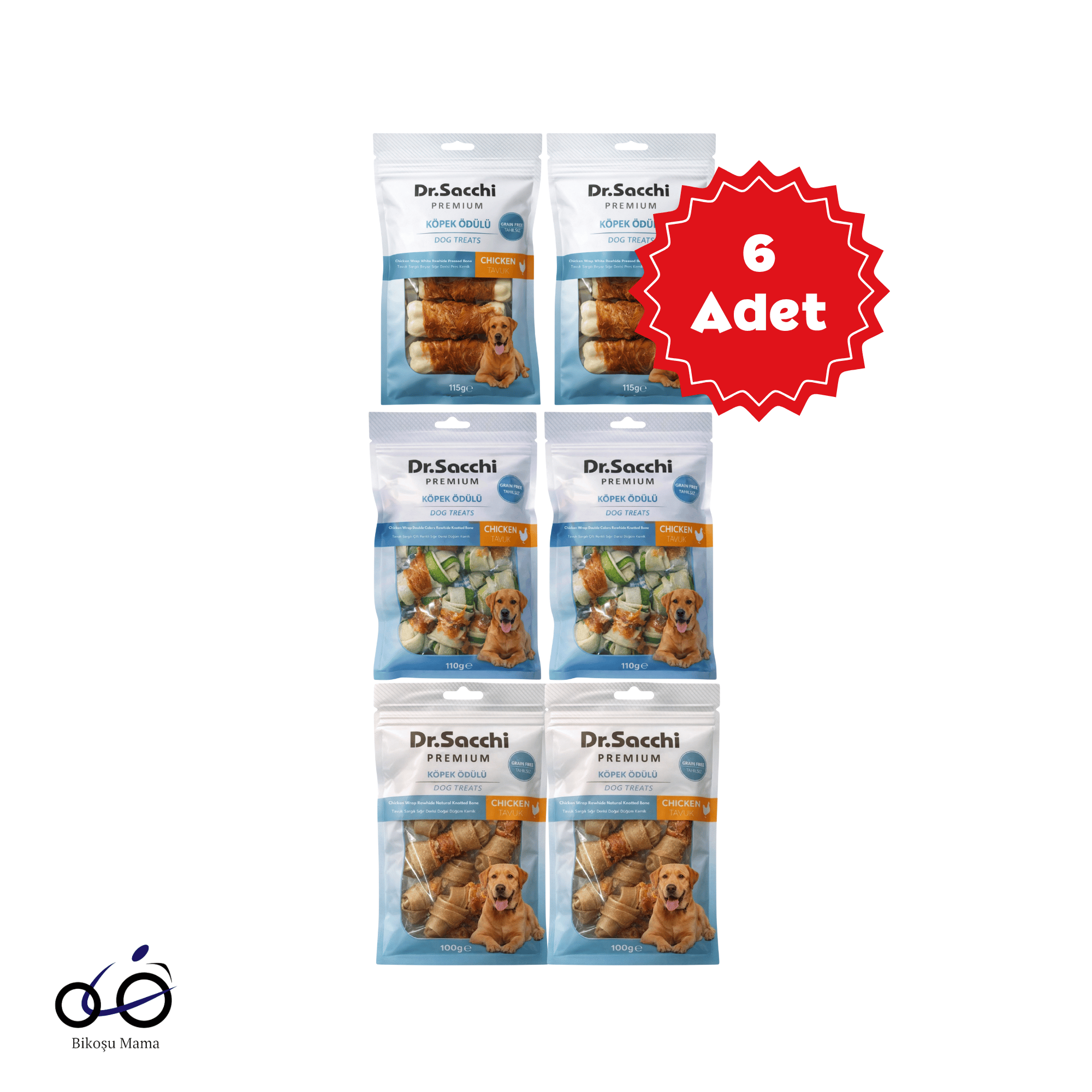  Dr.Sacchi Premium Tavuk Sargılı Sığır Derisi Karışık Tahılsız Köpek Ödülü 100gr 6 Adet