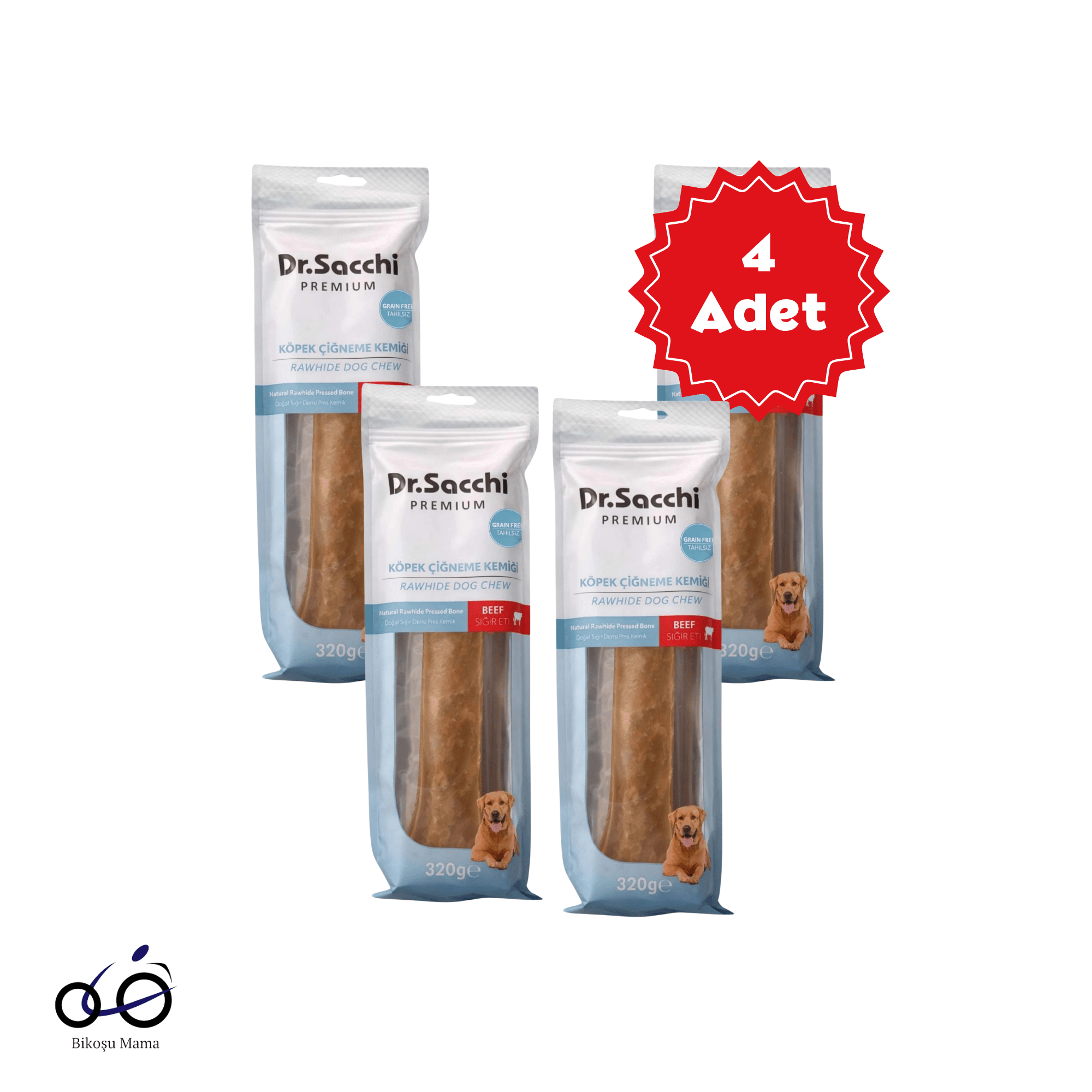  Dr. Sacchi Sığır Derisi Doğal Press Kemik Köpek Ödülü 320 g x 4 Adet