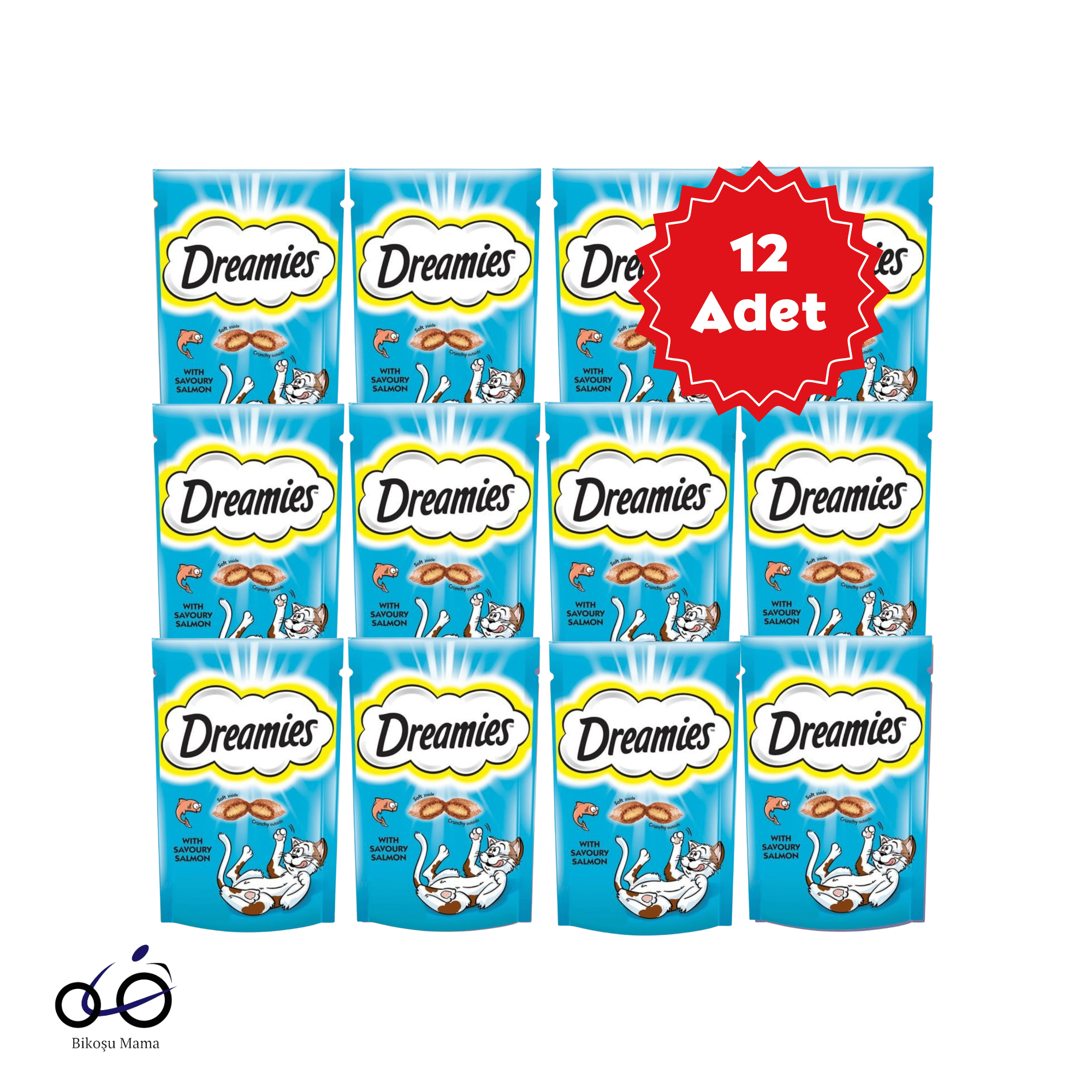 Dreamies Somonlu Kedi Ödül Bisküvisi 12x60g | Bikoşu Mama Dreamies İç Dolgulu Somonlu Kedi Ödül Bisküvisi 12x60gr