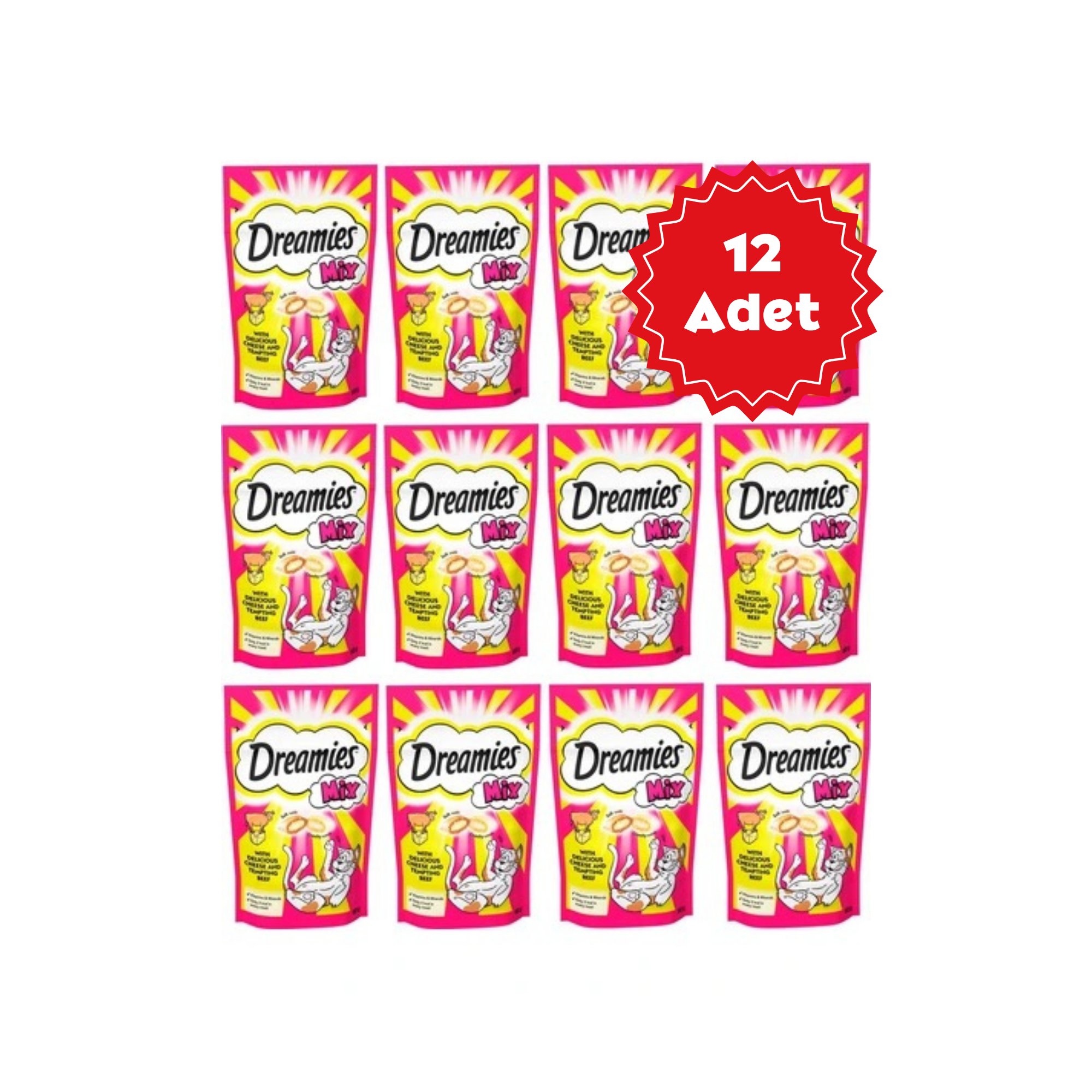 Dreamies Mix Sığır Etli ve Peynirli Kedi Ödülü 12x60g | Bikoşu Dreamies Mix İç Dolgulu Sığır Etli ve Peynirli Kedi Ödül Bisküvisi 12x60gr