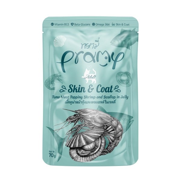  Pramy Skin Coat Jöle İçinde Karidesli Deniz Taraklı ve Ton Balıklı Kedi Konservesi 70gr