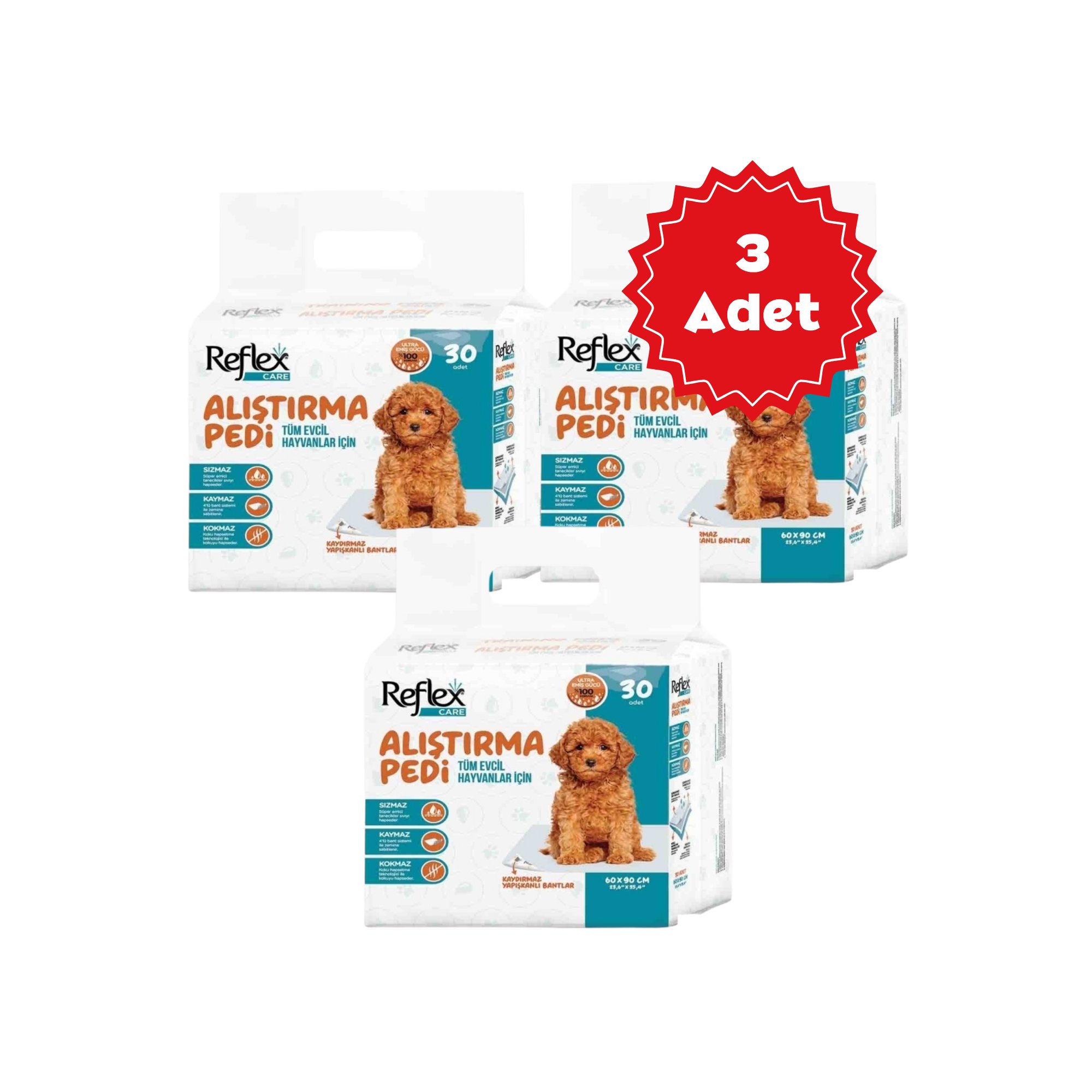  Reflex Care Kaydırmaz Köpek Alıştırma Pedi 60x90cm (30'lu) x 3 Adet