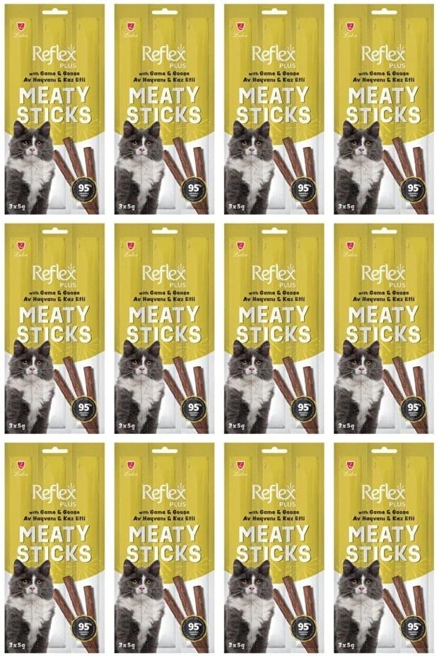  Reflex Plus Meaty Sticks Av Hayvanlı ve Kaz Etli Tahılsız Kedi Ödül Çubuğu 15gr (3'lü) x 12 Adet