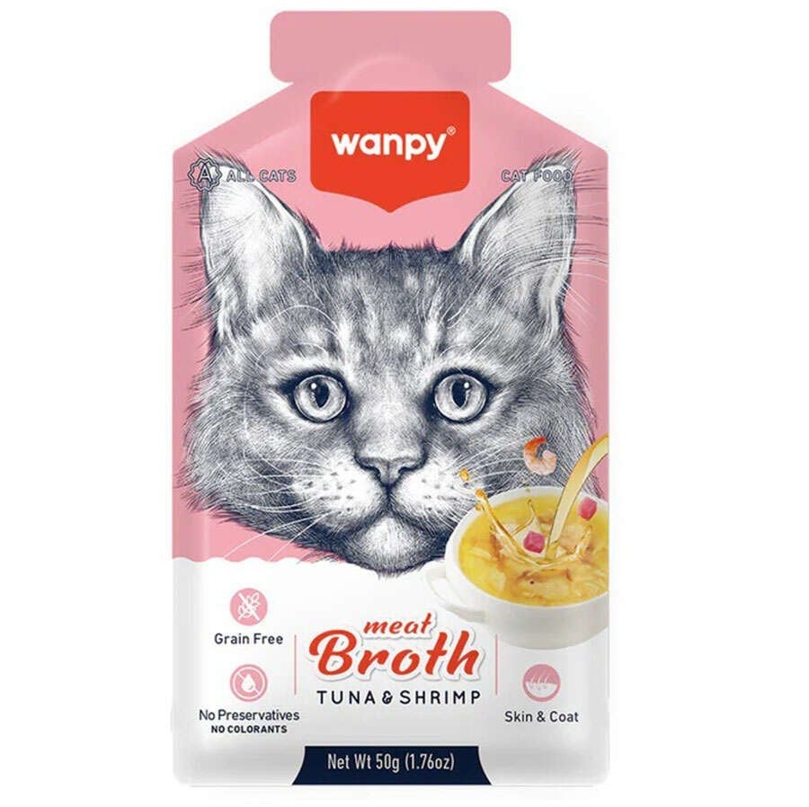  Wanpy Meat Broth Kediler için Karidesli ve Ton Balığı Eti Tahılsız Ek Besin Çorbası 50gr