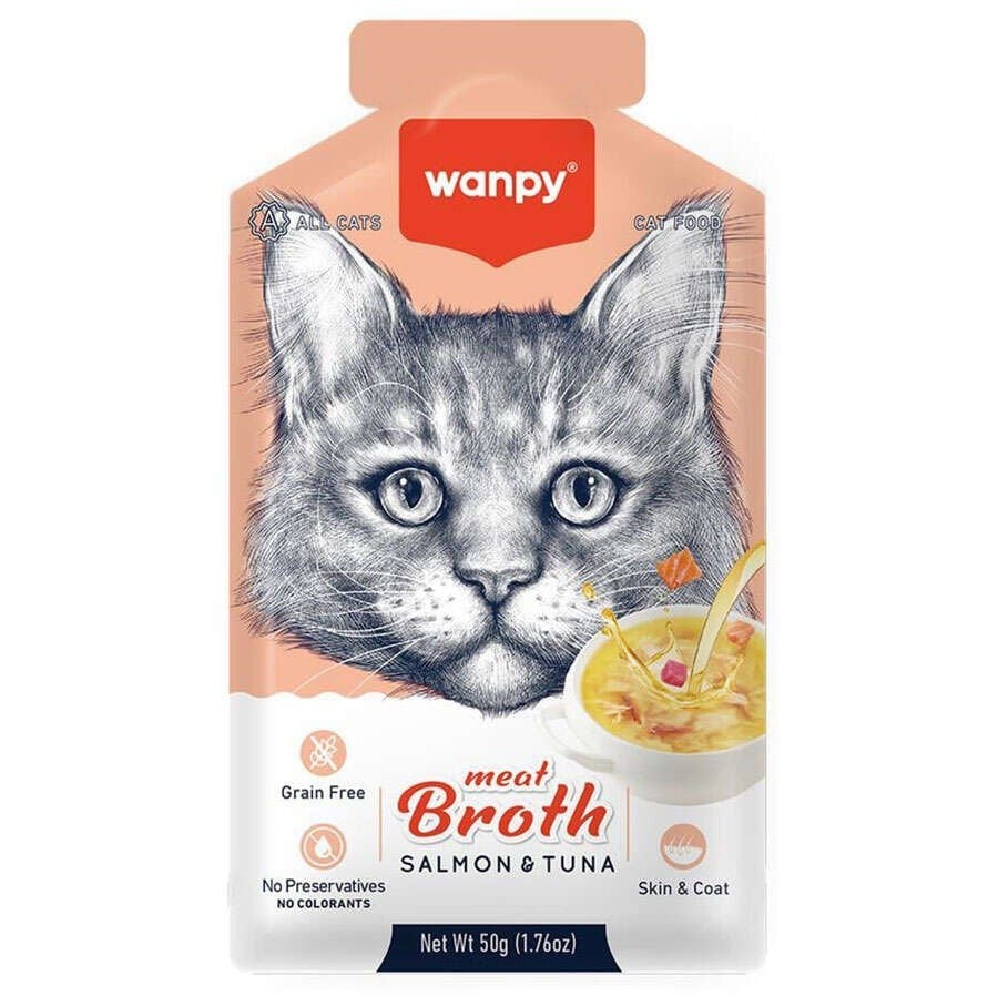  Wanpy Meat Broth Kediler için Somon ve Ton Balığı Eti Tahılsız Ek Besin Çorbası 50gr