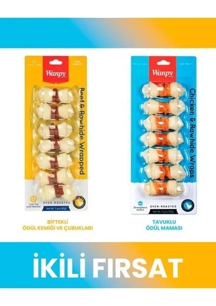  Wanpy Oven Roasted Deri Düğümlü Karışık Sargılı Çiğneme Kemiği x 2 Adet