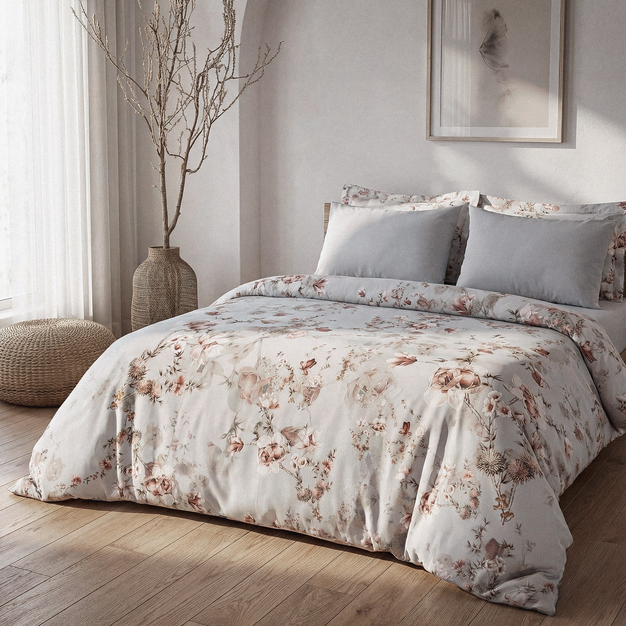 Bloomy Çiçek Senfonisi Çift Kişilik %100 Ege Pamuğu Nevresim Seti - 2 Yastıklı Mint