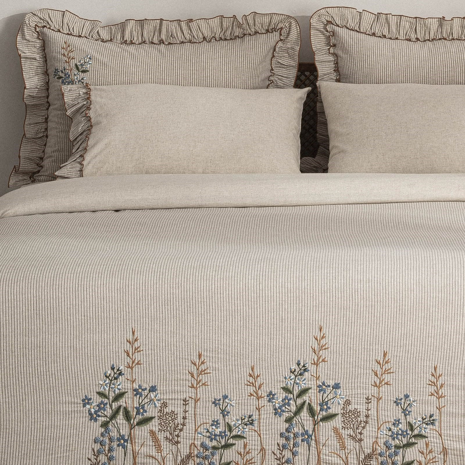 Eco Cotton Latifa Battal Boy Nevresim Takımı Organik Pamuk Keten Nakışlı Gri
