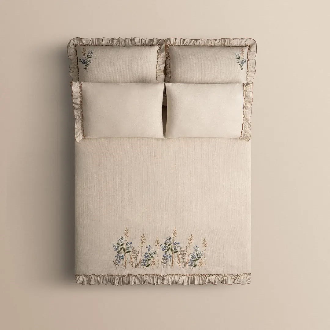 Eco Cotton Latifa Battal Boy Nevresim Takımı Organik Pamuk Keten Nakışlı Bej