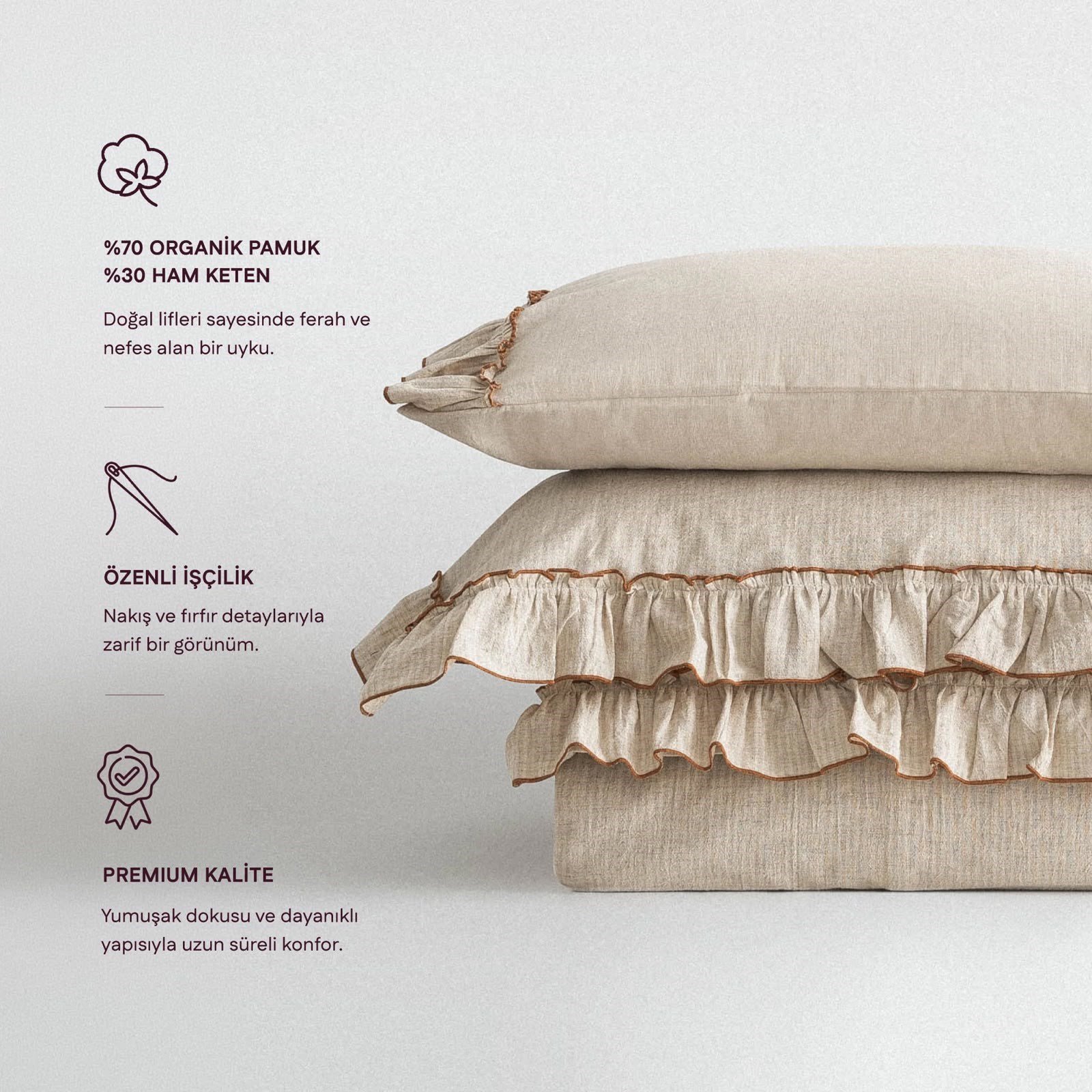 Eco Cotton Latifa Battal Boy Nevresim Takımı Organik Pamuk Keten Nakışlı Bej