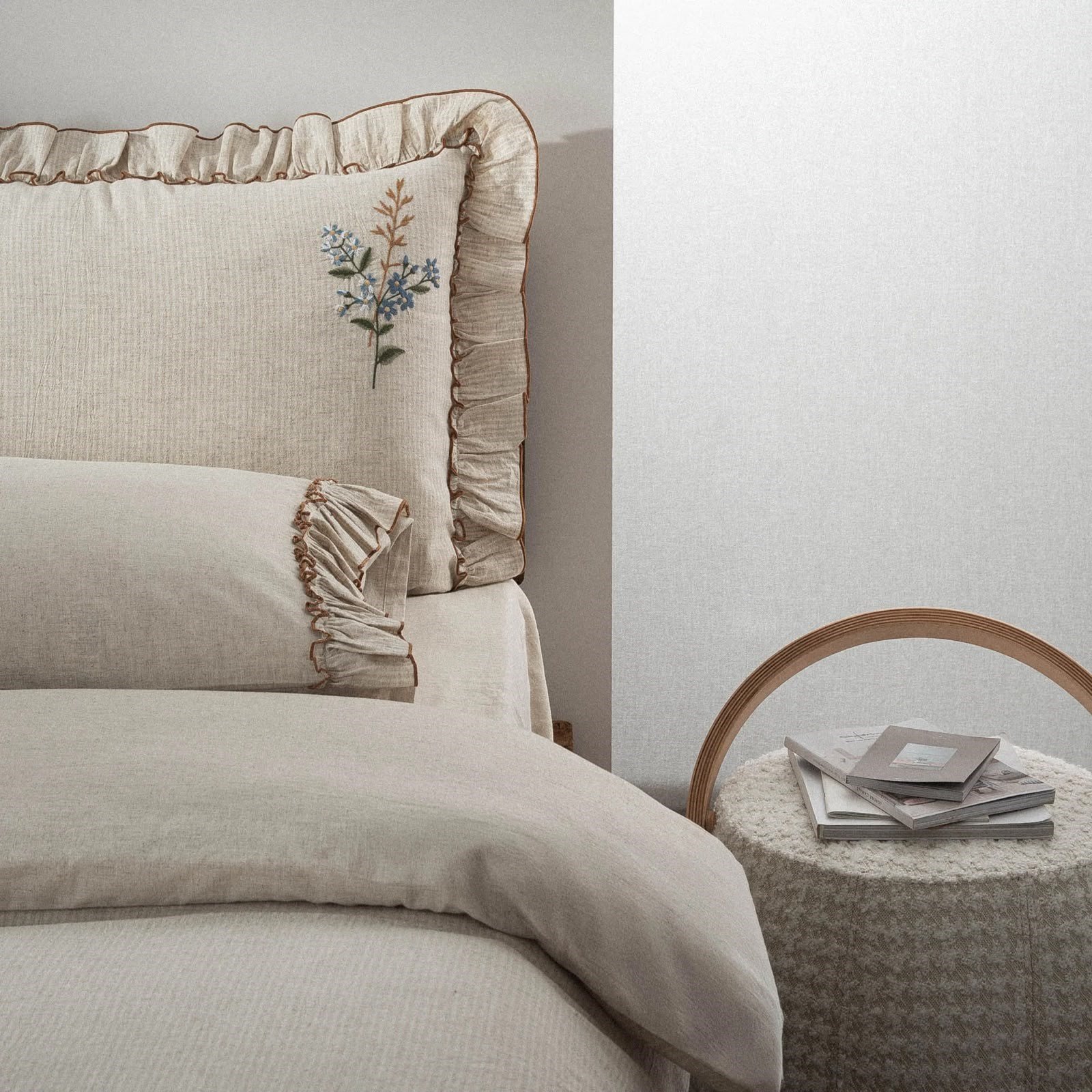 Eco Cotton Latifa Çift Kişilik Nevresim Takımı Organik Pamuk Keten Nakışlı Bej
