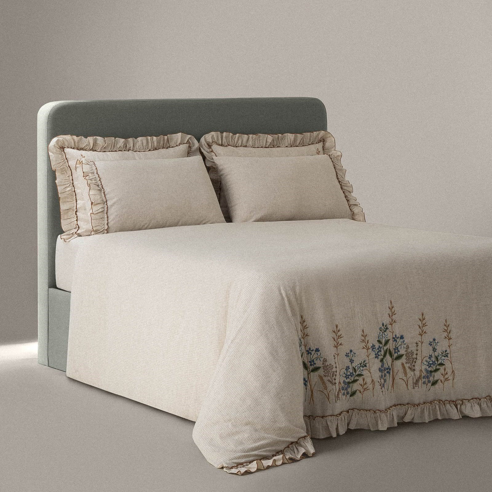 Eco Cotton Latifa Çift Kişilik Nevresim Takımı Organik Pamuk Keten Nakışlı Bej