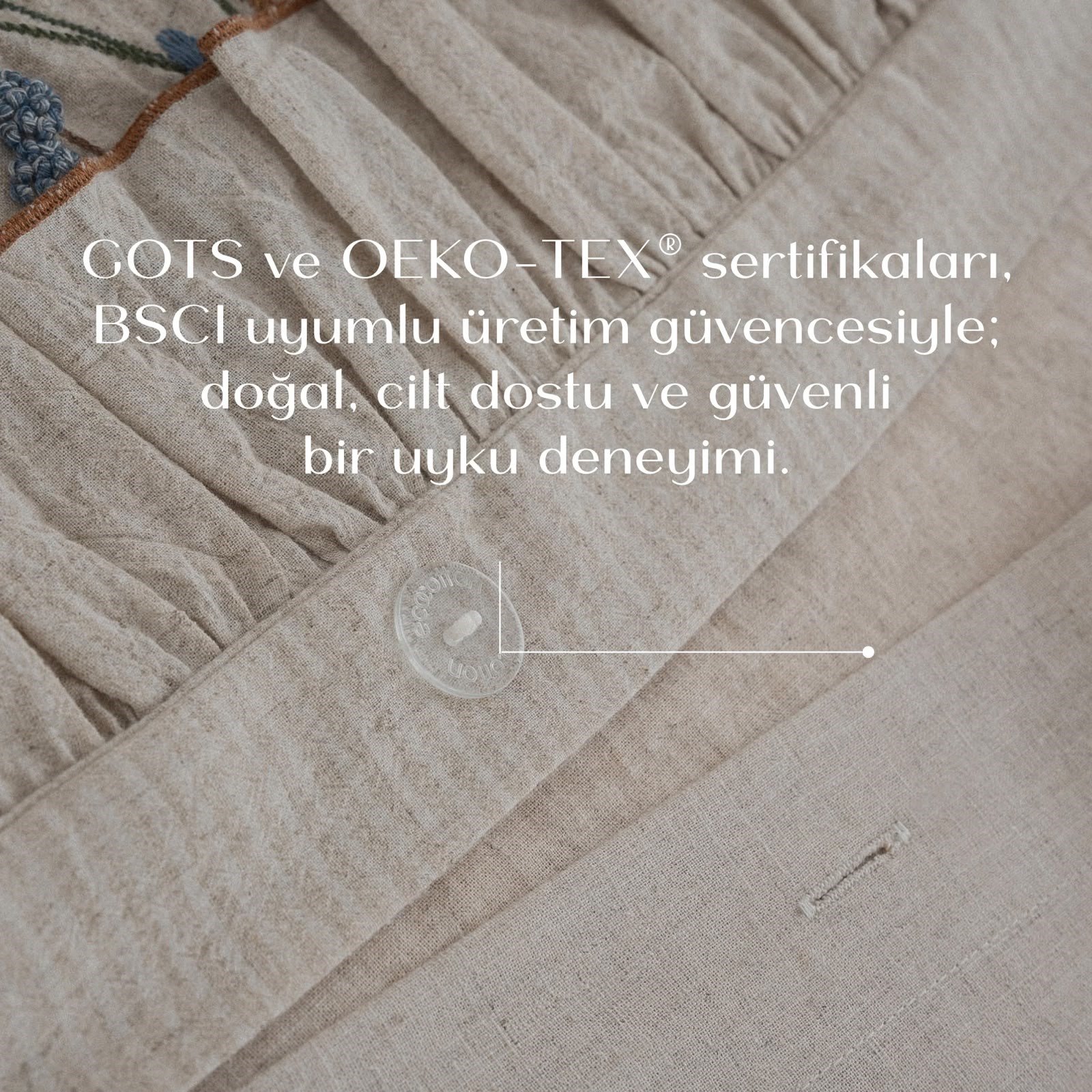 Eco Cotton Latifa Çift Kişilik Nevresim Takımı Organik Pamuk Keten Nakışlı Bej