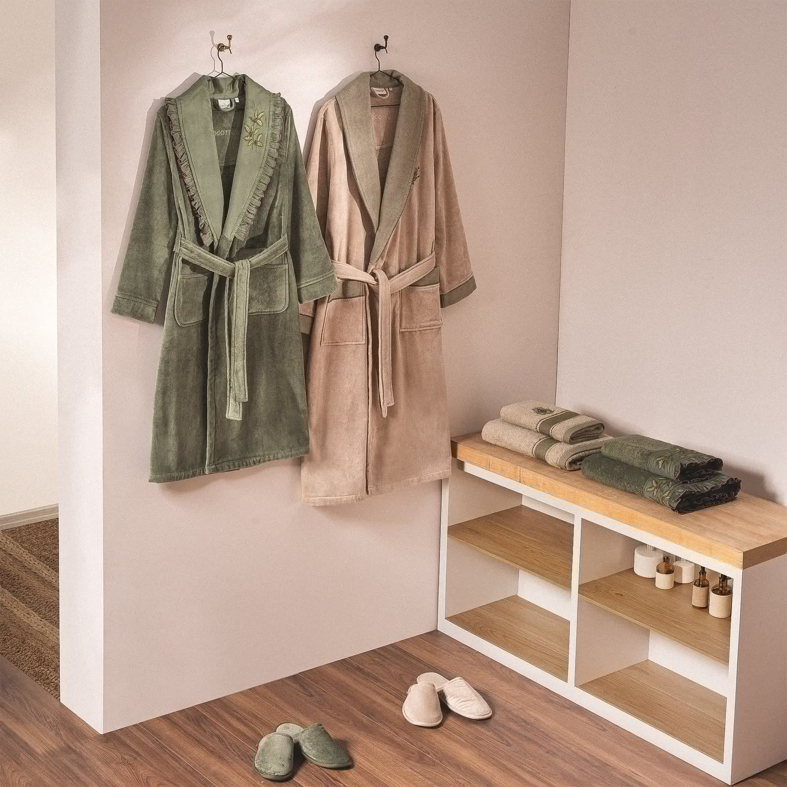 Eco Cotton Liora Aile Bornoz Seti Organik Pamuk Yeşil-Bej M/L