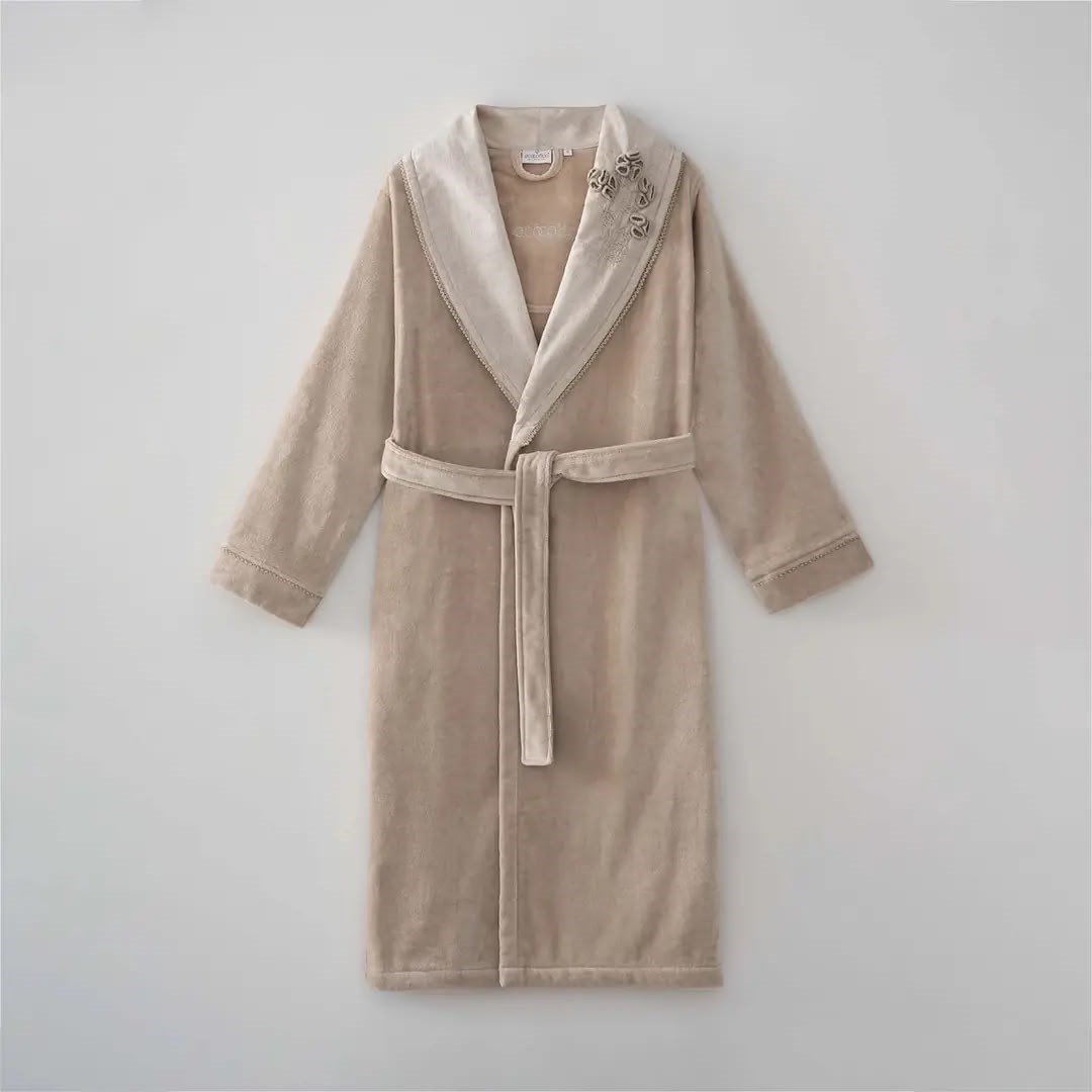 Eco Cotton Masal Aile Bornoz Seti Organik Pamuk Bej-Yeşil M/L