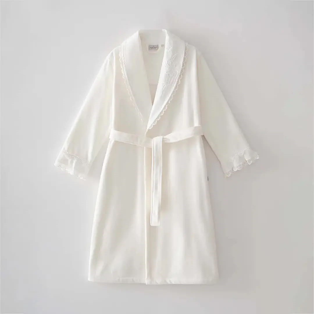 Eco Cotton Paye Aile Bornoz Seti Organik Pamuk Krem-Krem M/L