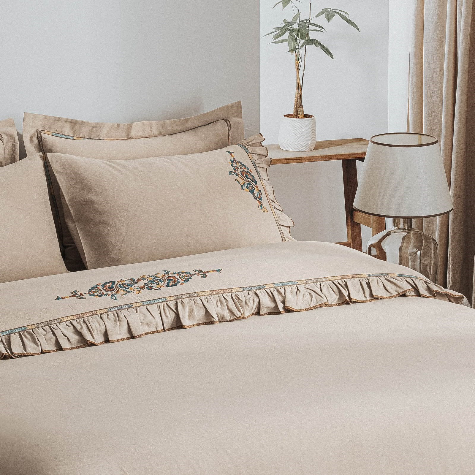 Eco Cotton Revna Çift Kişilik Nevresim Takımı Organik Pamuk Saten Bej