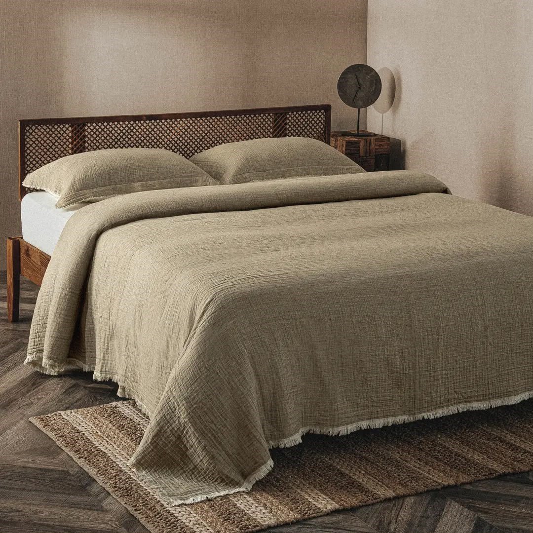 Ecocotton Muna Çift Kişilik Pike Seti Organik Pamuk Yeşil-Krem