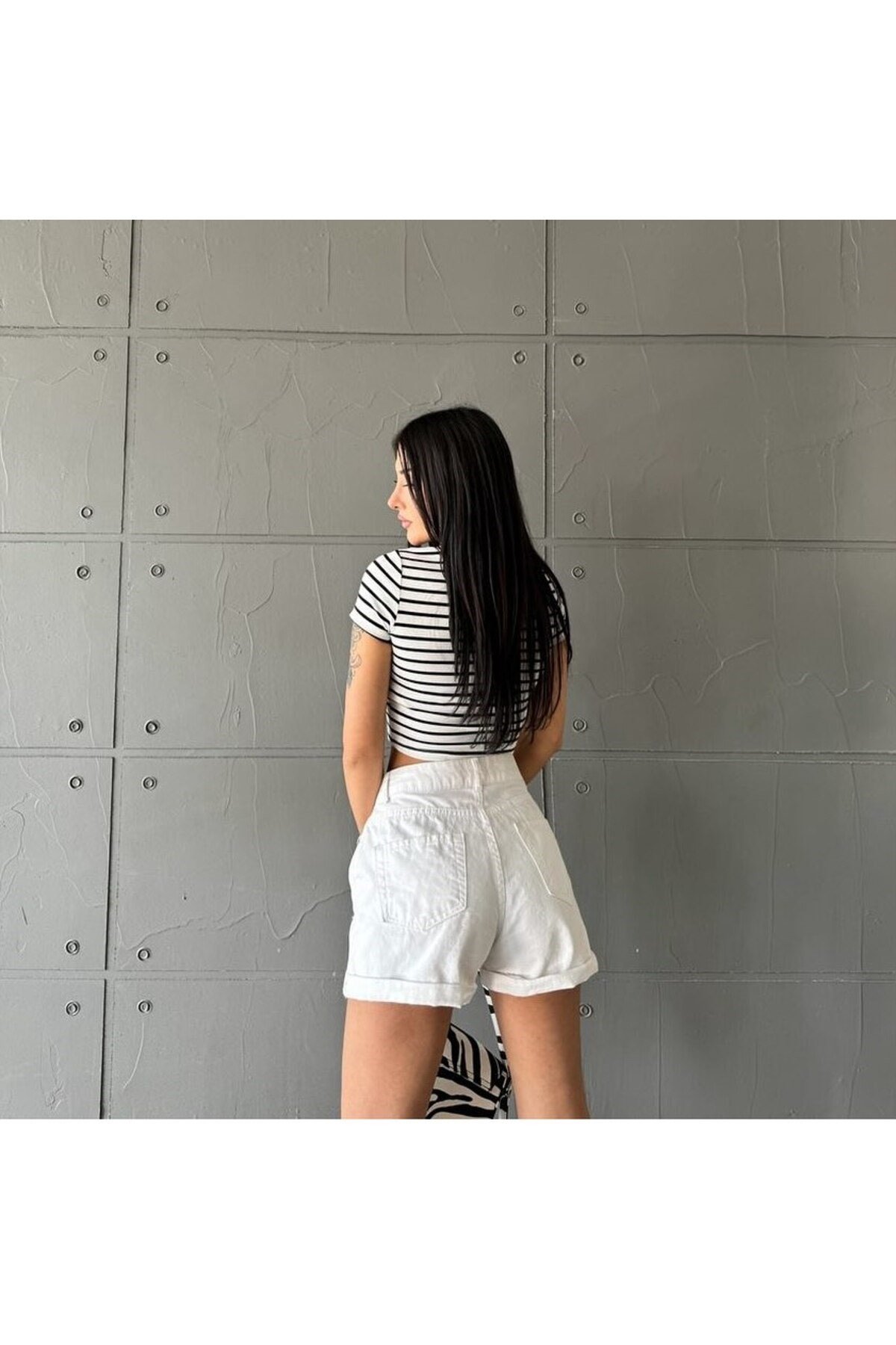 Çizgili Crop Rahat Kumaş