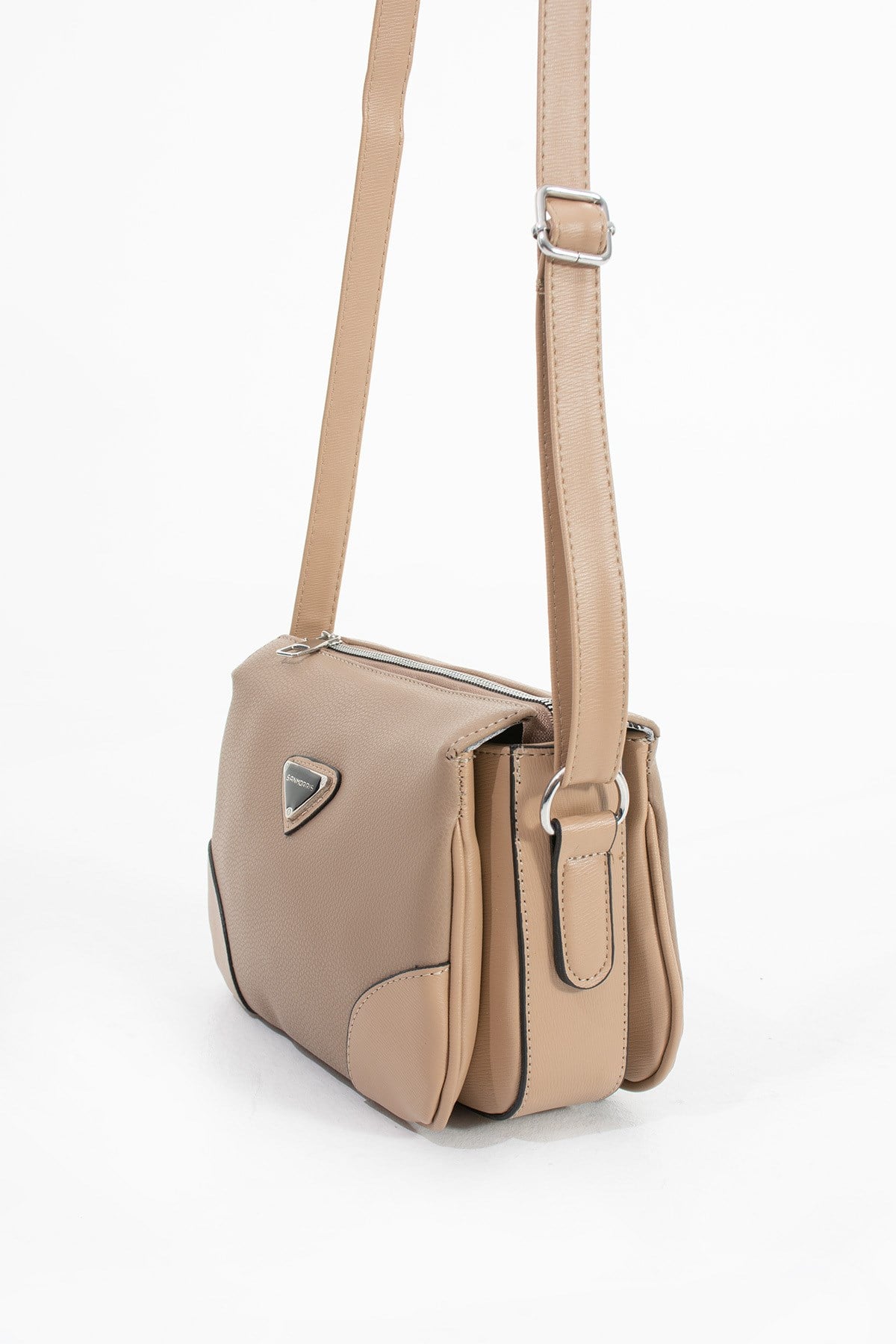 Kadın 3 Bölmeli Vizon Mat  Ayarlanabilir Çapraz Askılı Suni Deri Omuz Çantası S-1368