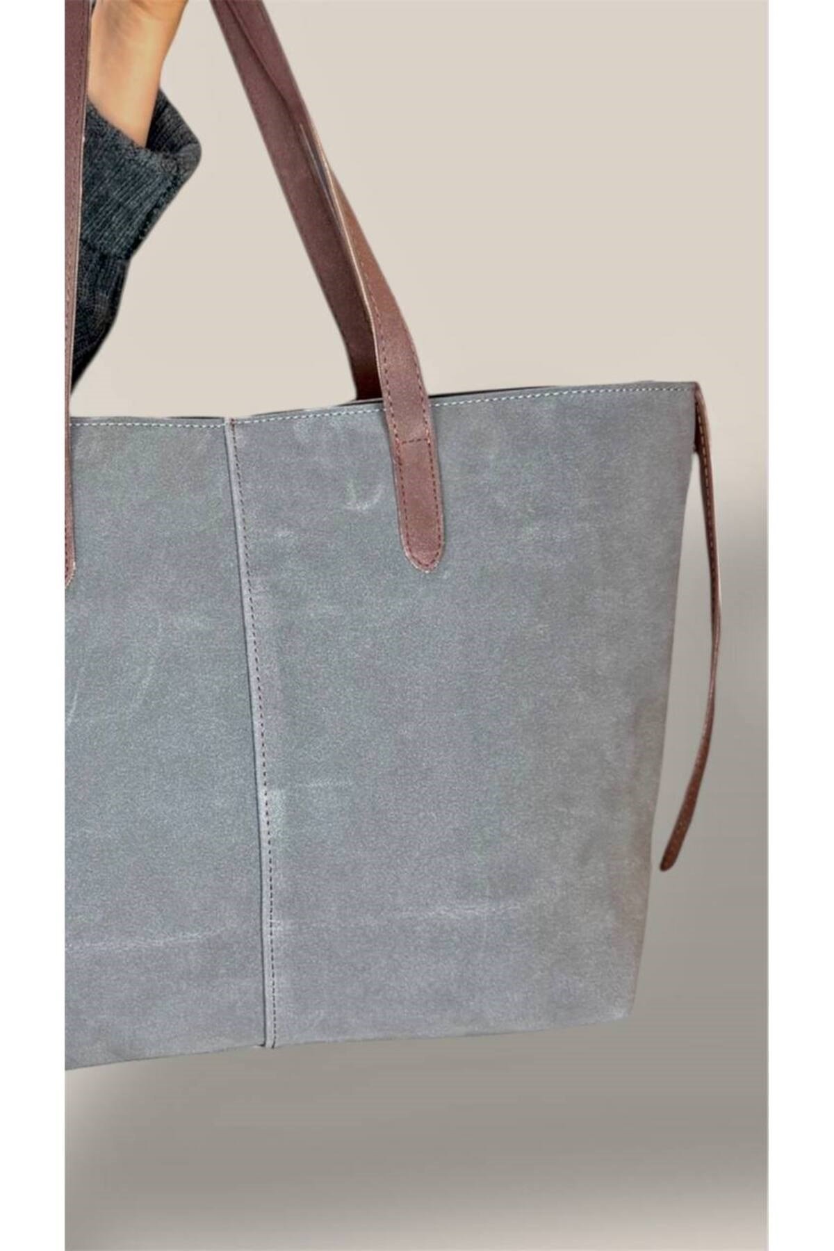 Kadın Süet Geniş Hacimli Fermuarlı Günlük Tote Model Büyük Boy(40x28)
