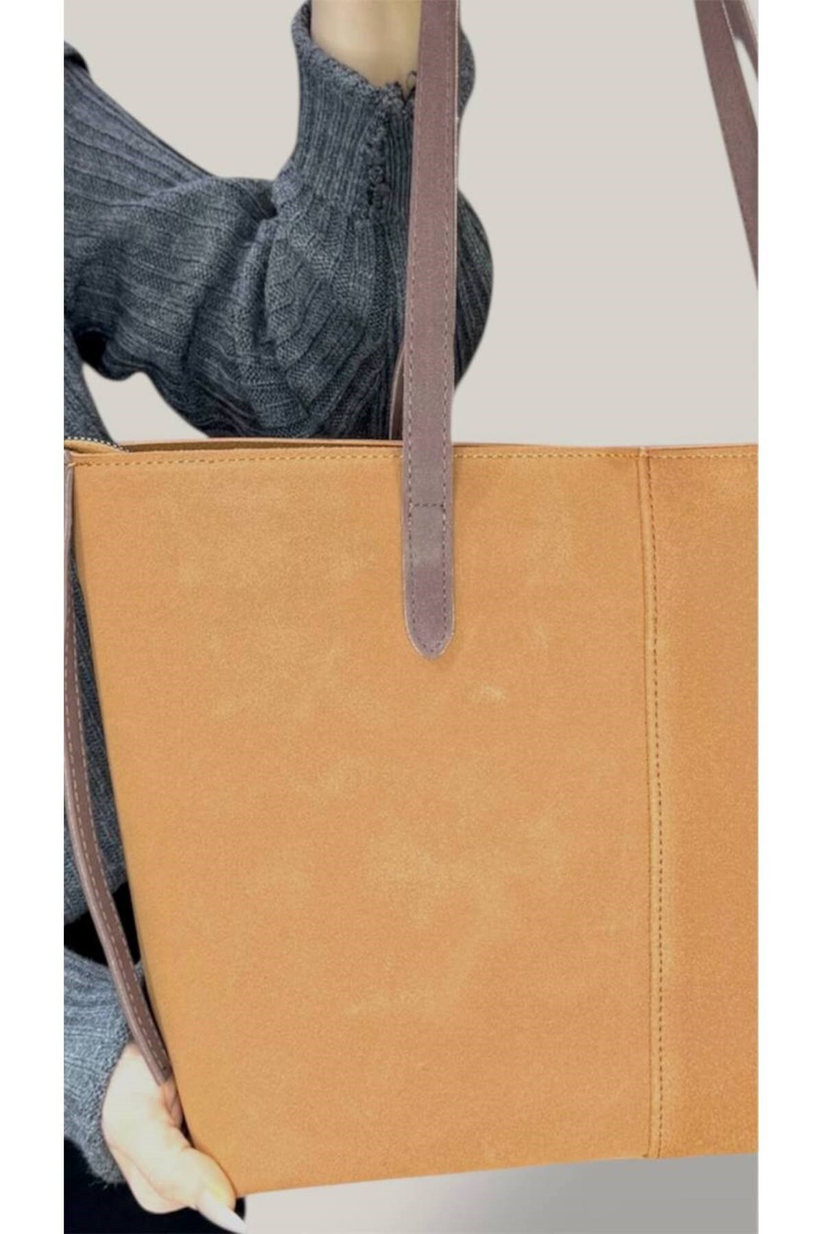 Kadın Süet Geniş Hacimli Fermuarlı Günlük Tote Model Büyük Boy(40x28)