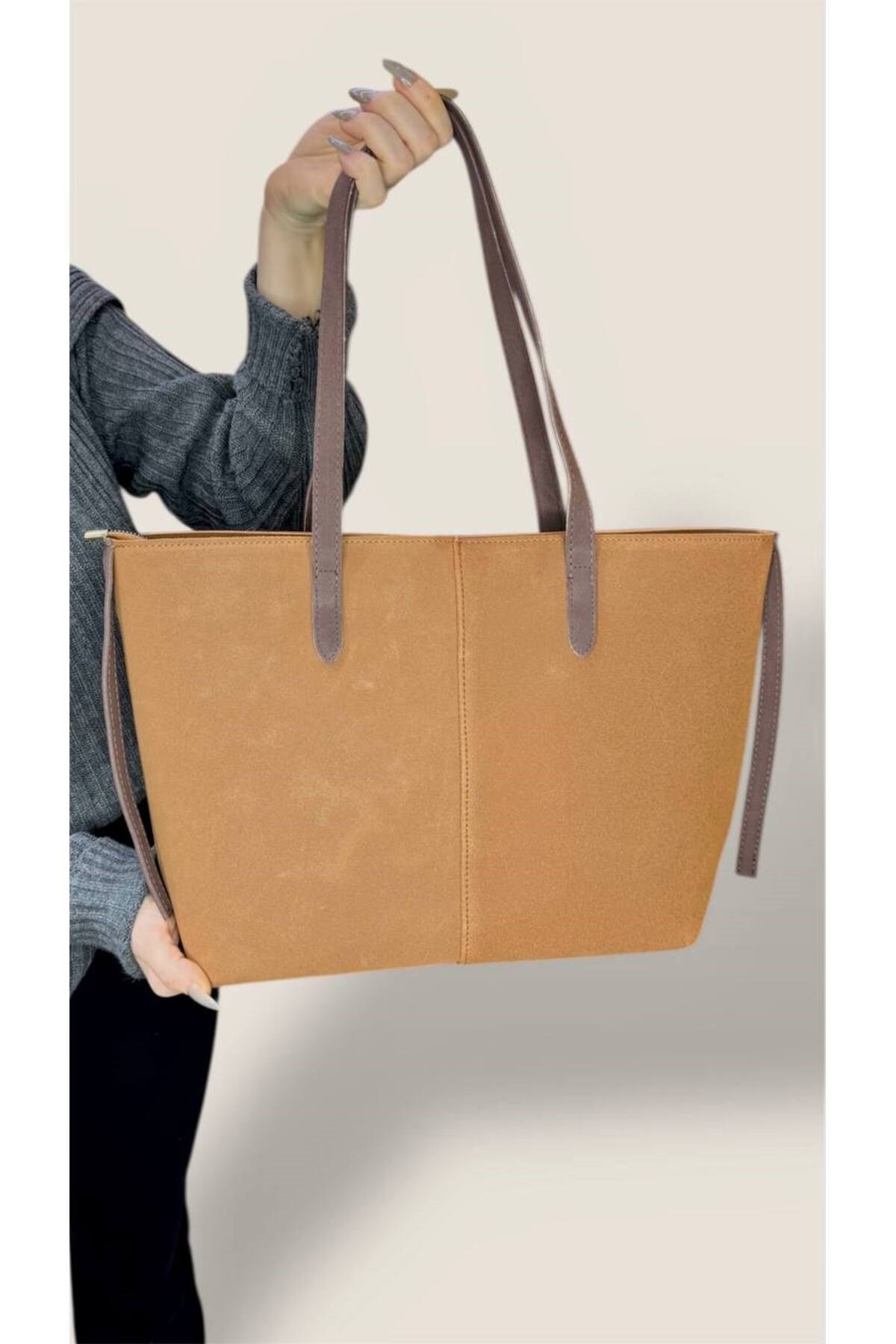 Kadın Süet Geniş Hacimli Fermuarlı Günlük Tote Model Büyük Boy(40x28)