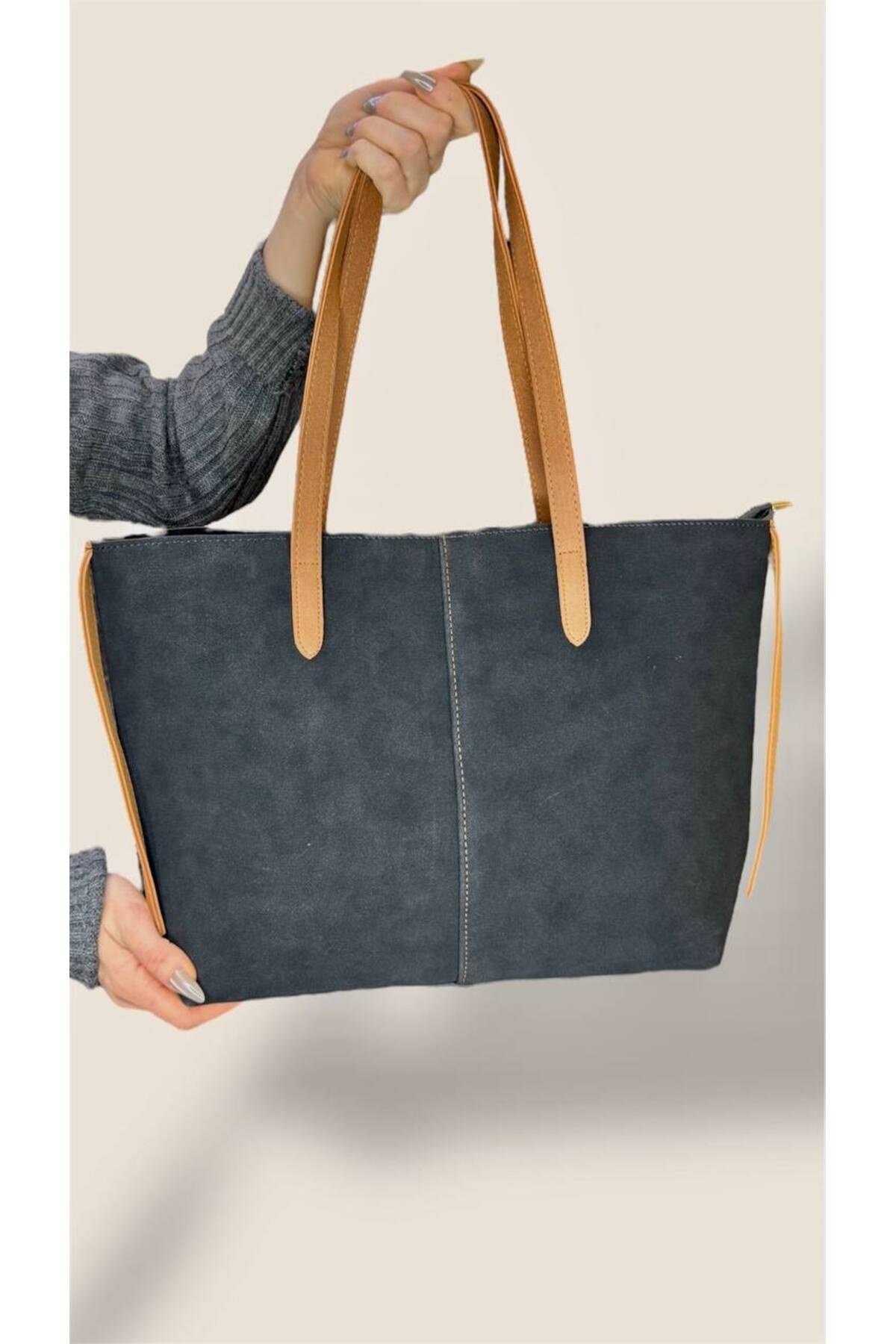 Kadın Süet Geniş Hacimli Fermuarlı Günlük Tote Model Büyük Boy(40x28)