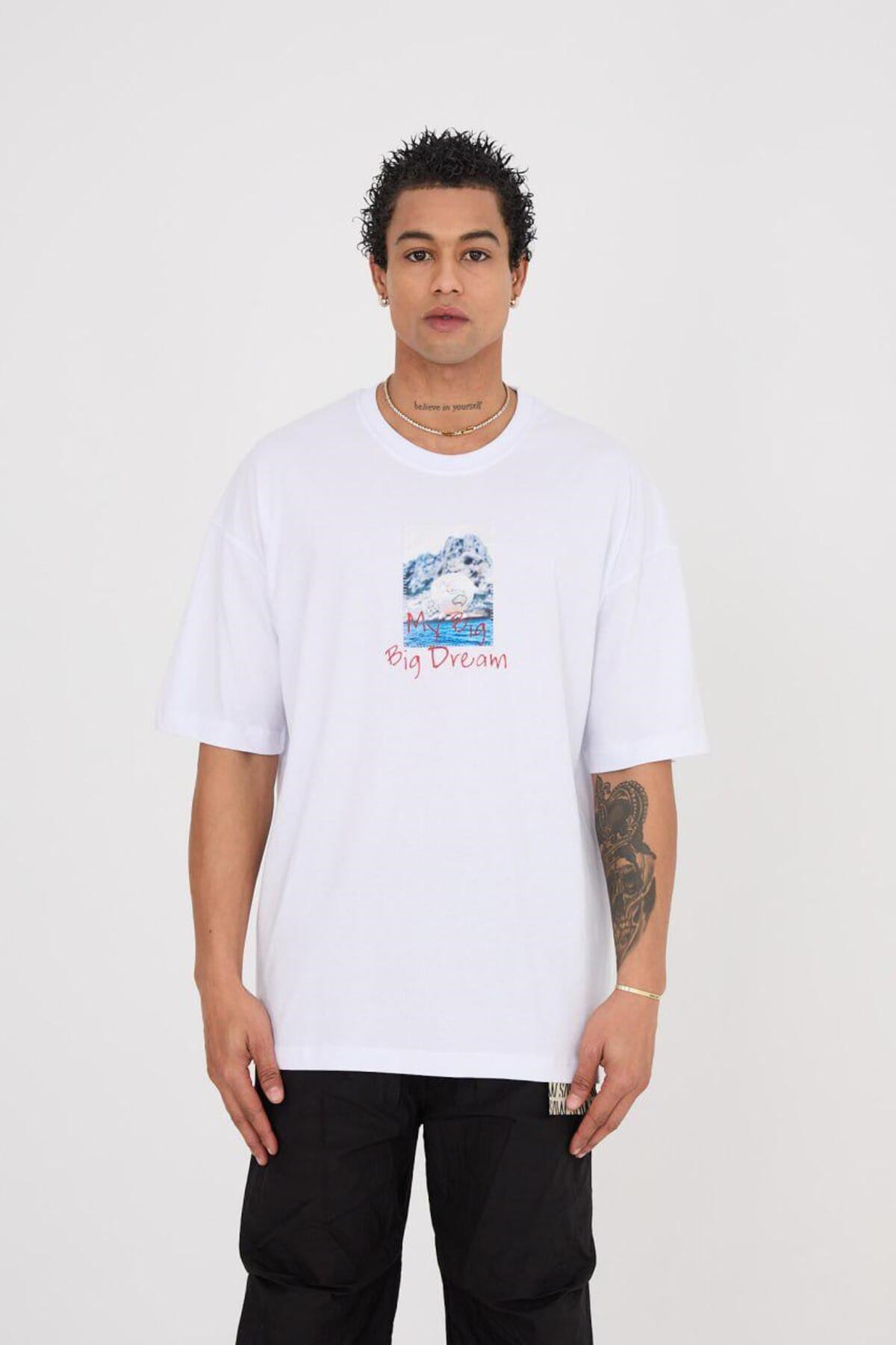 Kid With A Dream Beyaz Nakışı Baskılı Oversize T-shirt