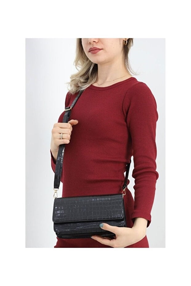 Kroko Desenli 3 Gözlü Günlük Kadın Mini El & Omuz Çantası(24x12)
