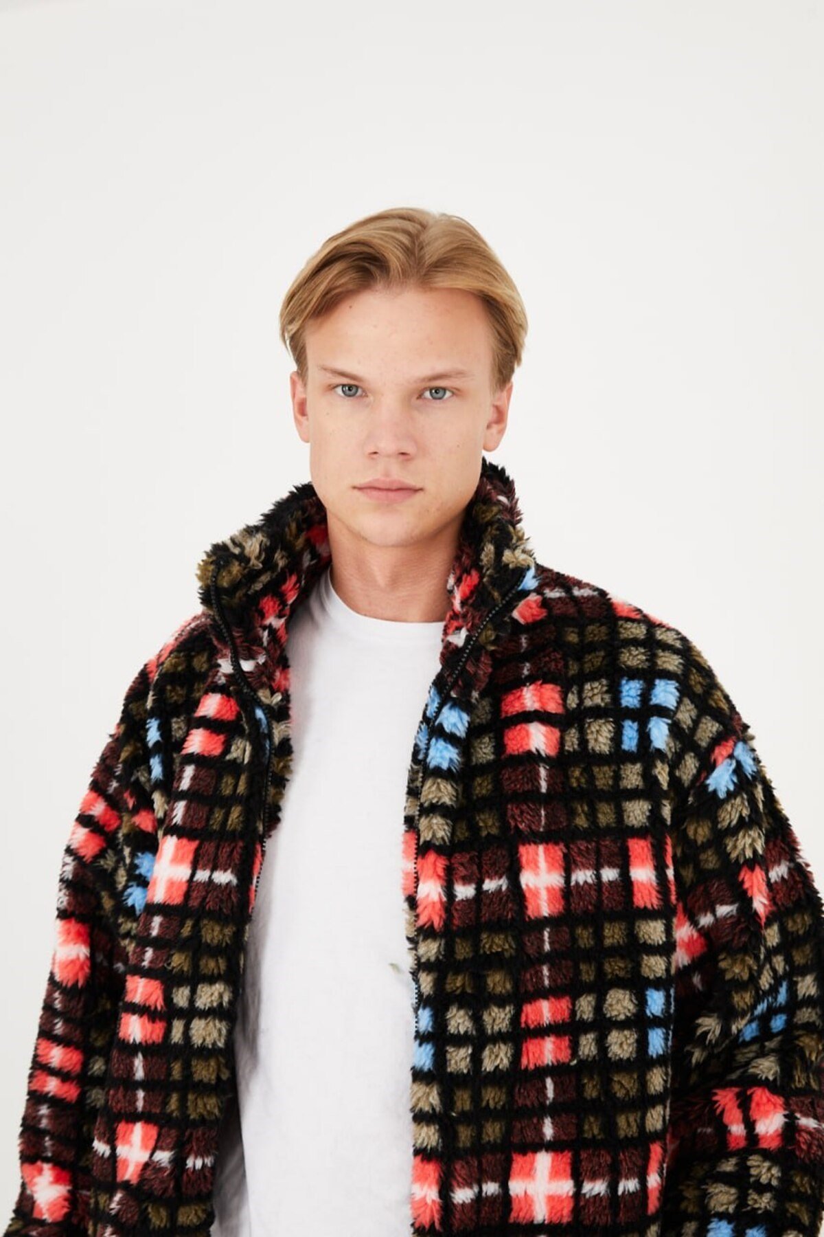 Leopar Ve Kare Desenli Yünlü Unisex Ceket