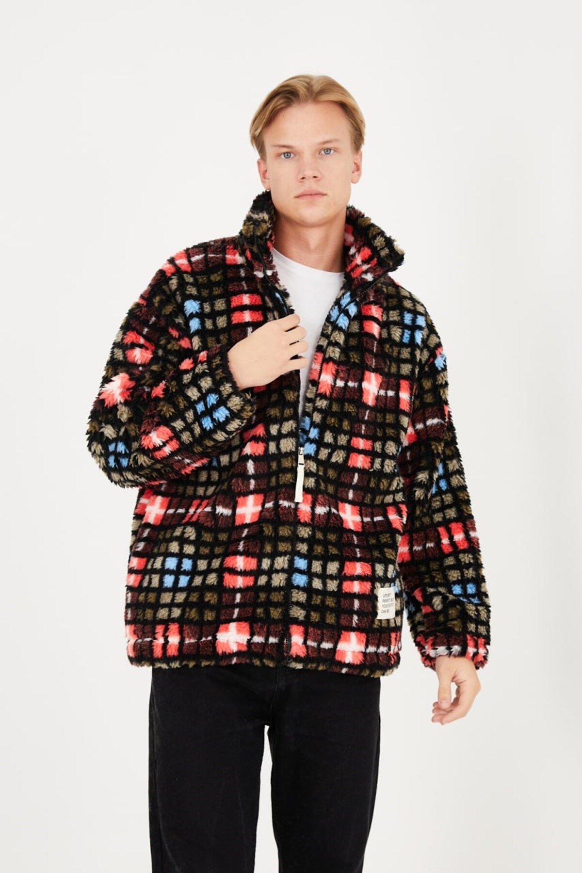 Leopar Ve Kare Desenli Yünlü Unisex Ceket