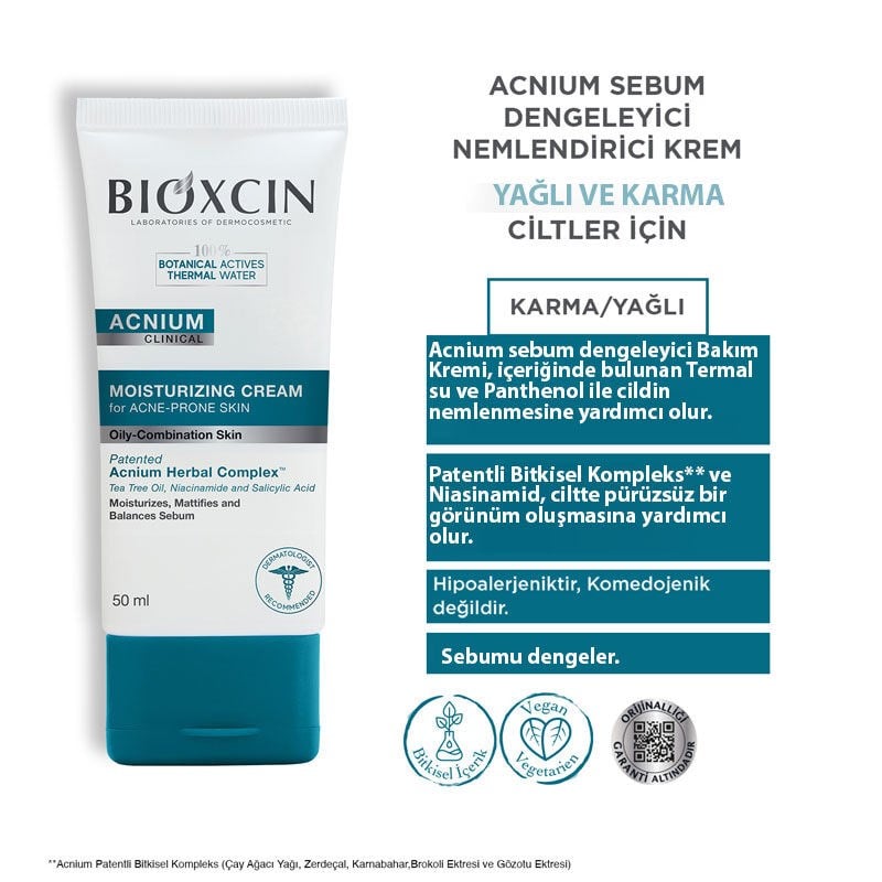Bioxcin Acnium Sebum Akneye Eğilimli Ciltler İçin Dengeleyici Nemlendirici Krem 50 ml