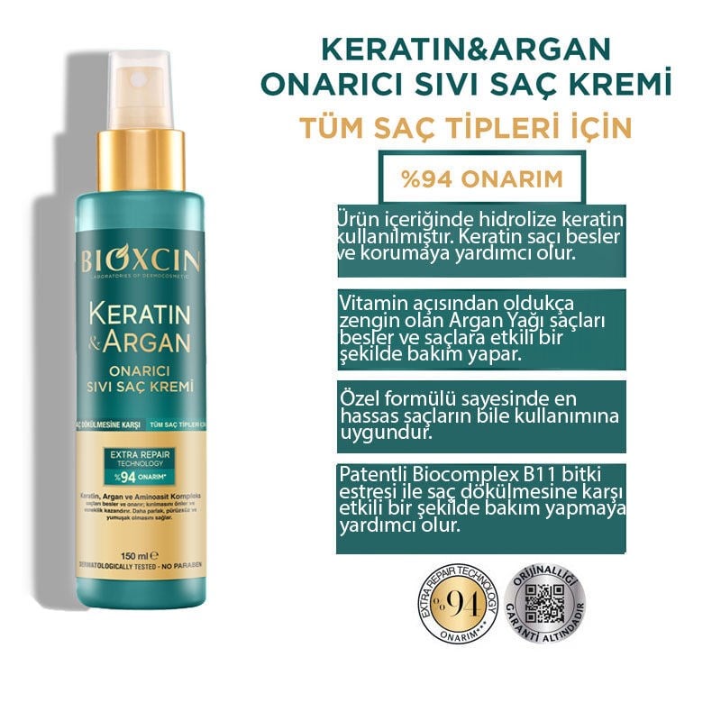 Bioxcin Keratin & Argan Tüm Saç Tipleri İçin Onarıcı Sıvı Saç Bakım Kremi 150 ml