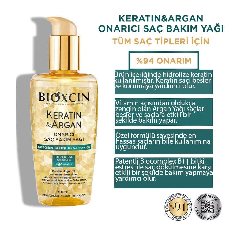 Bioxcin Keratin & Argan Tüm Saç Tipleri İçin Onarıcı Saç Bakım Yağı 150 ml