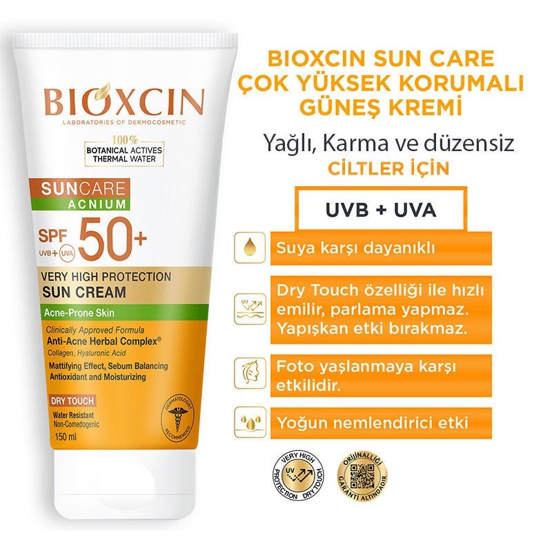 Bioxcin Sun Care Acnium Akneye Eğilimli Ciltler İçin Çok Yüksek Korumalı SPF50+ Güneş Kremi 150 ml