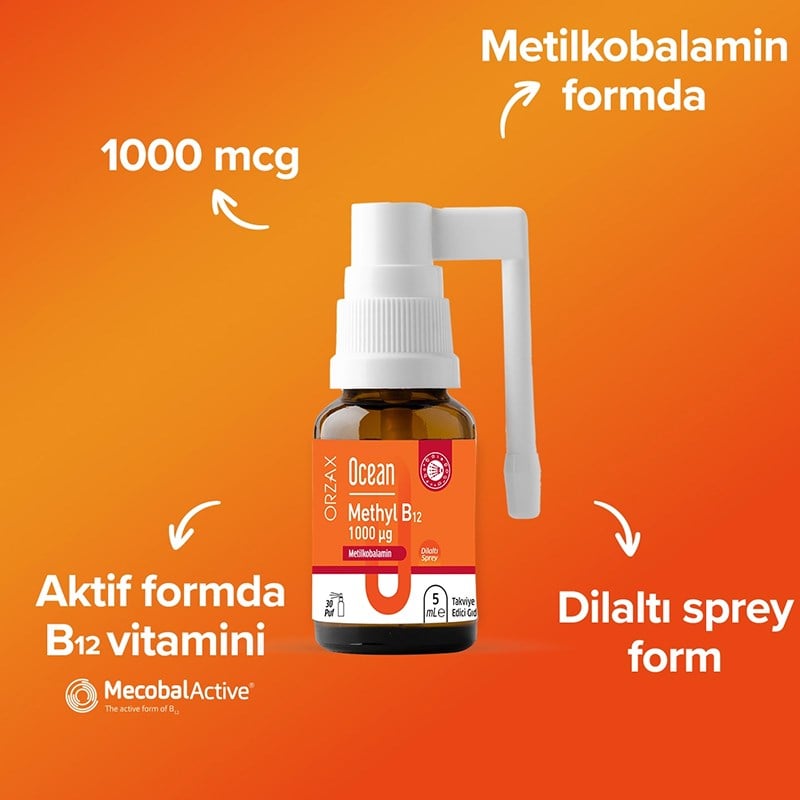 Orzax Ocean 1000 mg Methyl Cobalamin B12 Sprey 5 ml