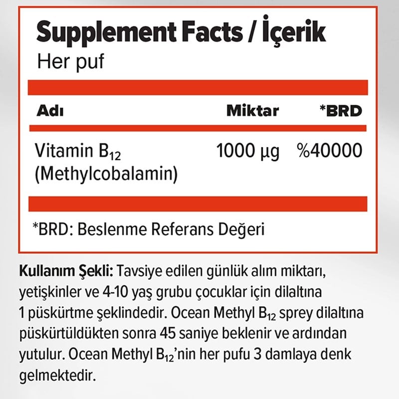 Orzax Ocean 1000 mg Methyl Cobalamin B12 Sprey 5 ml