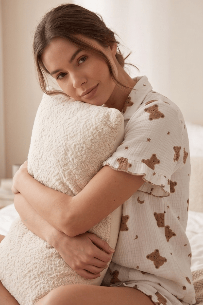  Ayıcık Desenli Fırfırlı Ekru Şortlu Kısa Kollu Pijama Takımı