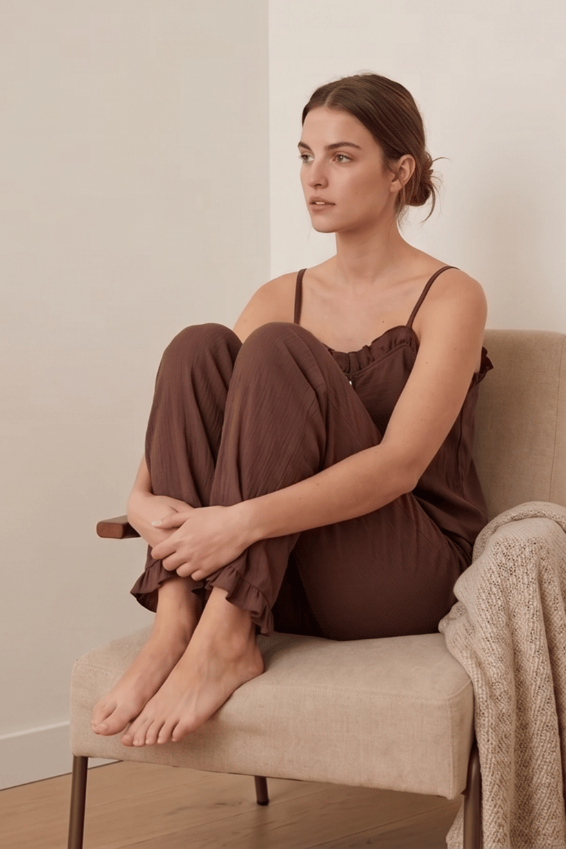  Fırfırlı ve Askılı Kahverengi Pijama Takımı