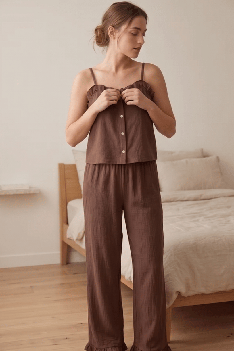  Fırfırlı ve Askılı Kahverengi Pijama Takımı