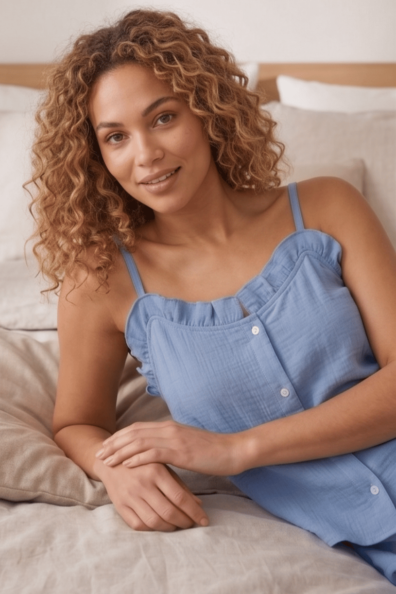  Fırfırlı ve Askılı Mavi Pijama Takımı