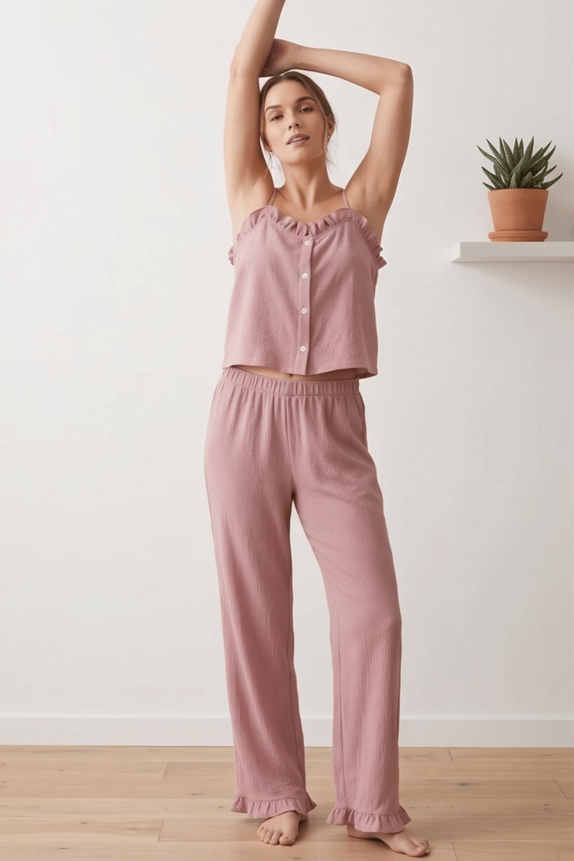  Fırfırlı ve Askılı Pembe Pijama Takımı