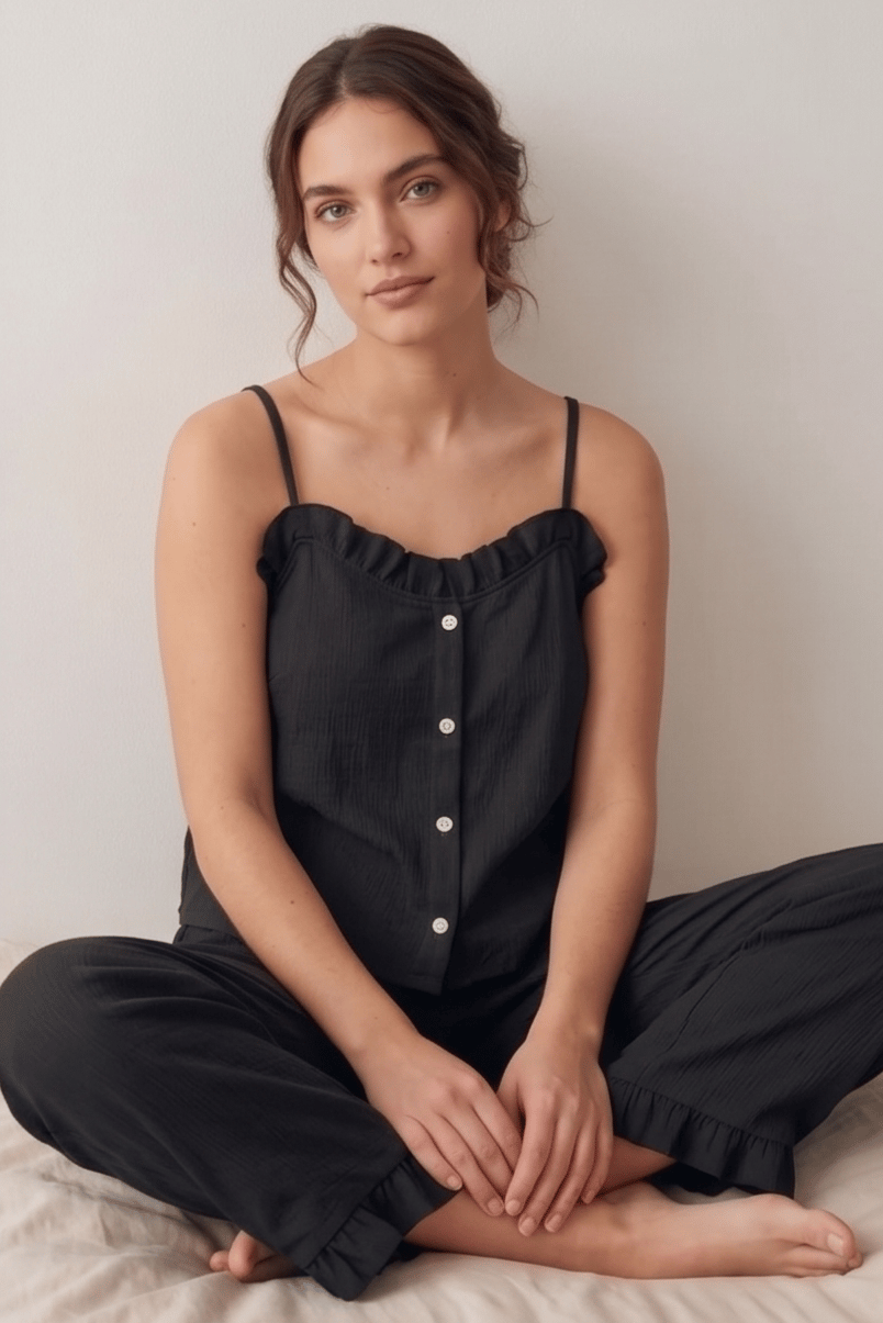  Fırfırlı ve Askılı Siyah Pijama Takımı