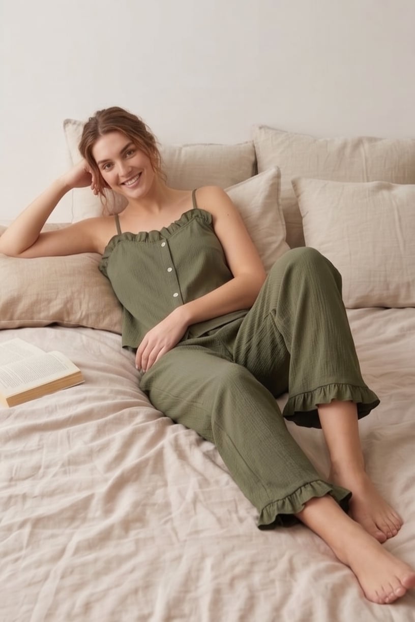  Fırfırlı ve Askılı Yeşil Pijama Takımı
