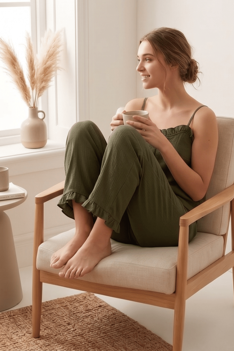  Fırfırlı ve Askılı Yeşil Pijama Takımı