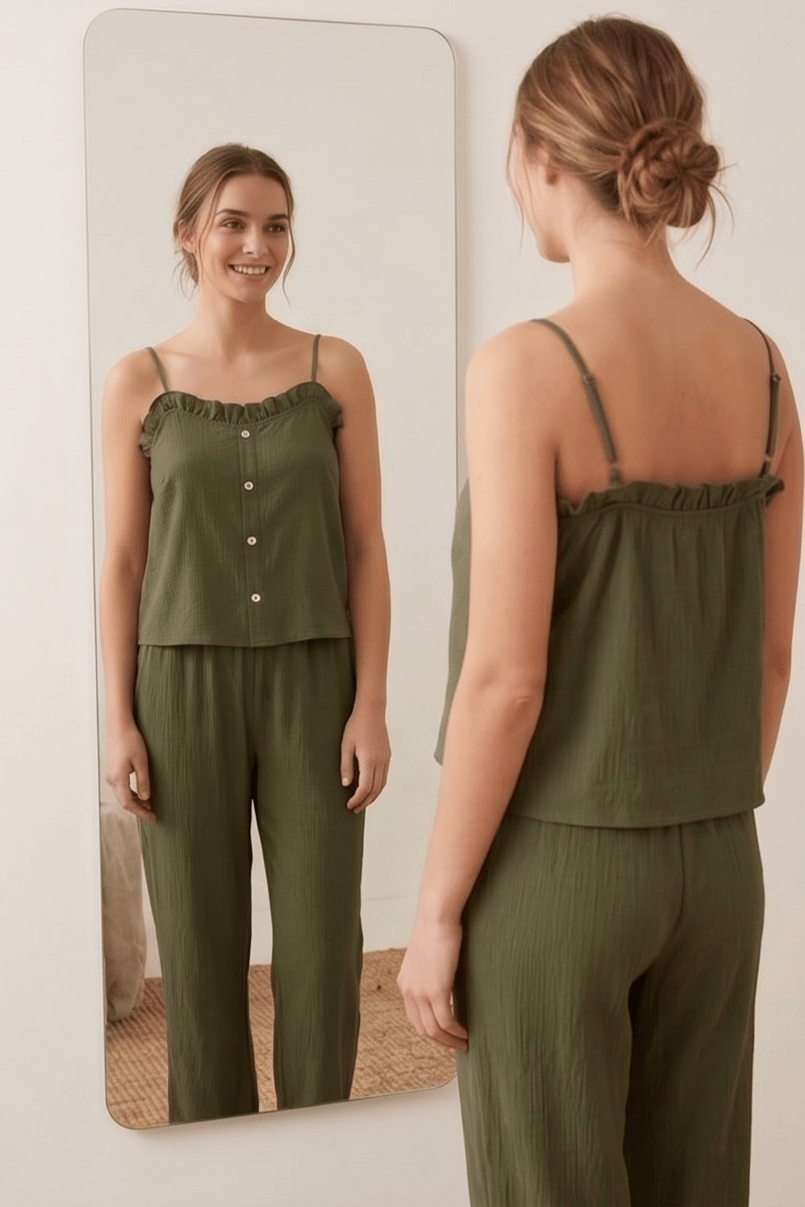 Fırfırlı ve Askılı Yeşil Pijama Takımı