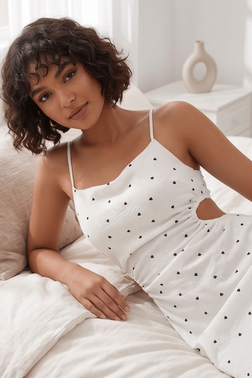 Askılı Siyah Minik Kalp Desenli Mini Pijama , Kalp Desenli Gecelik